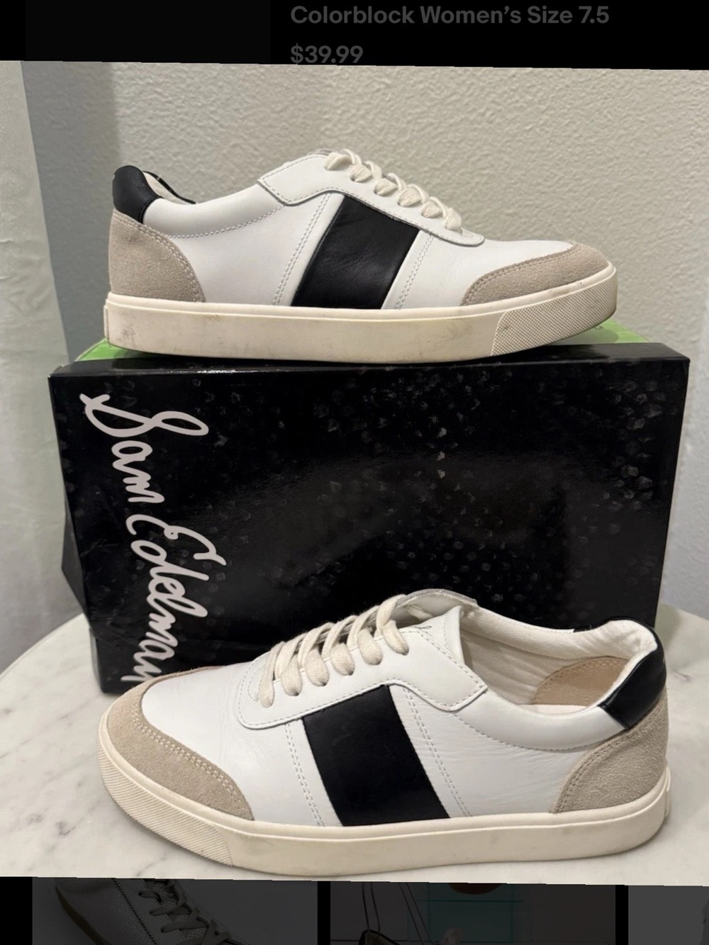 Sam Edelman White, Black & Beige Leather Low-Top Sneakers